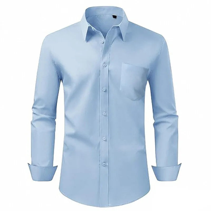 Men's long sleeve polyester shirt in solid colours, sizes S to 3XL, stretch wrinkle-resistant thin fabric