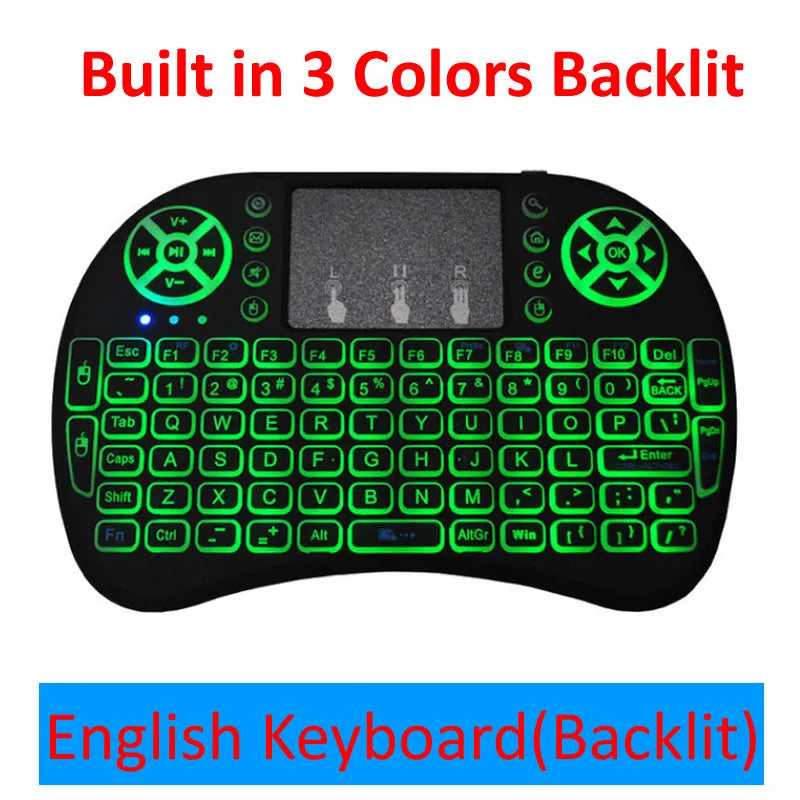 Black wireless mini keyboard with touchpad, dual mouse buttons and QWERTY keys, palm-sized 2.4G air keyboard and mouse