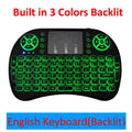 Black wireless mini keyboard with touchpad, dual mouse buttons and QWERTY keys, palm-sized 2.4G air keyboard and mouse