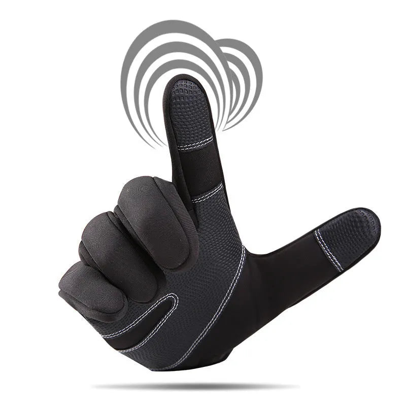 Pair of insulated mittens in black, grey, blue, and pink made from fleece and diving cloth