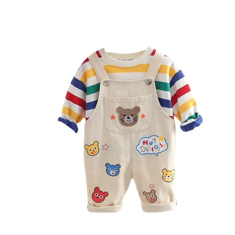 Boys' yellow beige plaid cotton overalls suit with button-up shirt and strap trousers