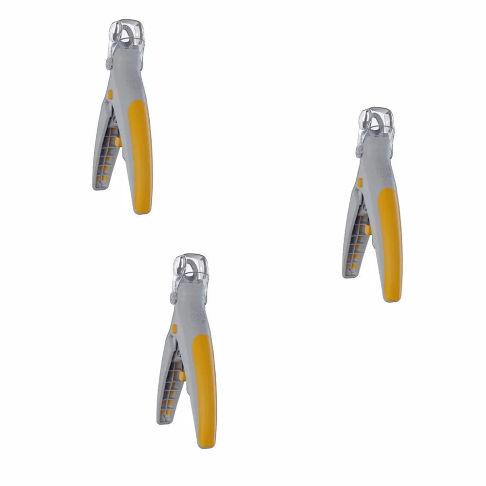 Yellow and grey pet nail trimmer clipper with LED light and magnifying glass on white background