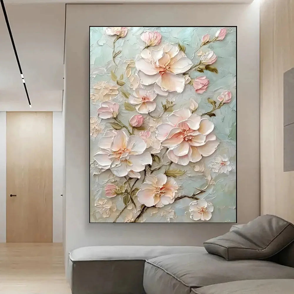 Handmade flower oil painting on canvas, vertical modern floral wall art, unframed one-panel design for living room decor