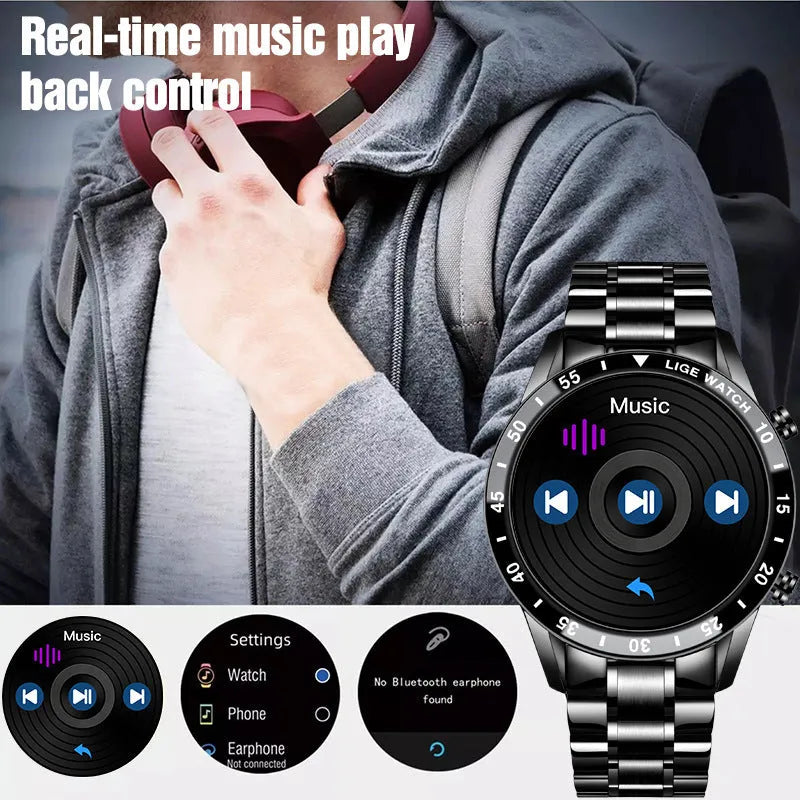 Smart watch with 1.3-inch touch screen, stainless steel wristband in black or silver, 46mm dial, 22mm strap width, 26cm strap length.