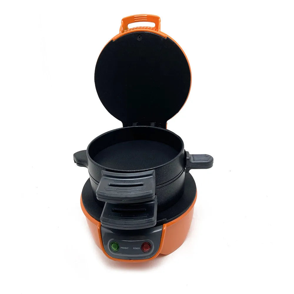 Household breakfast machine in bright red with sandwich maker and egg cooker functions