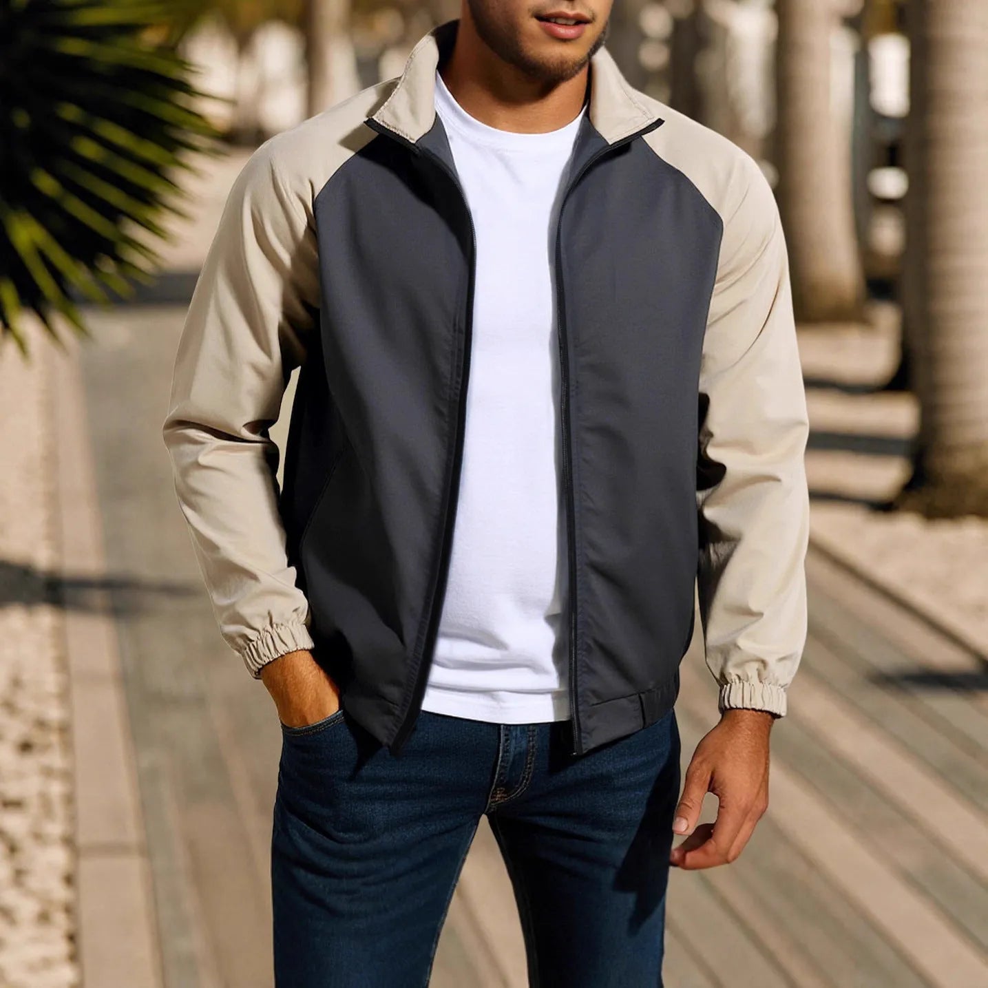 Men's casual coat with stand collar and contrast colour detailing in polyester blend fabric