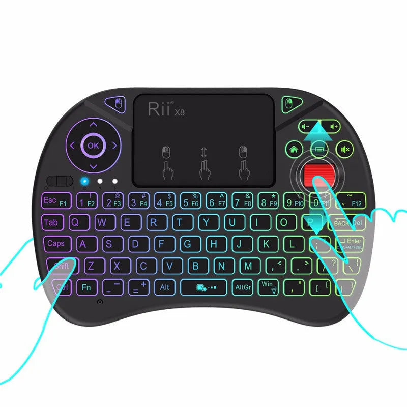 Black i8X wireless keypad with 71-key QWERTY layout, larger touchpad and dual mouse buttons