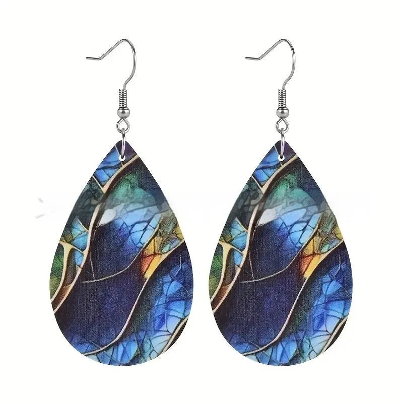 Acrylic flat branch knot drop earrings with printed design in unisex style.