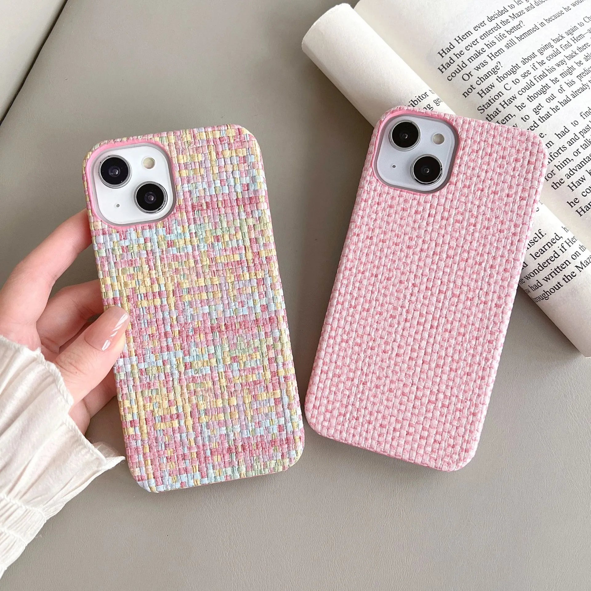Hand-woven plaid TPU phone case in pink, shown on iPhone, with textured grip pattern and all-inclusive edges.