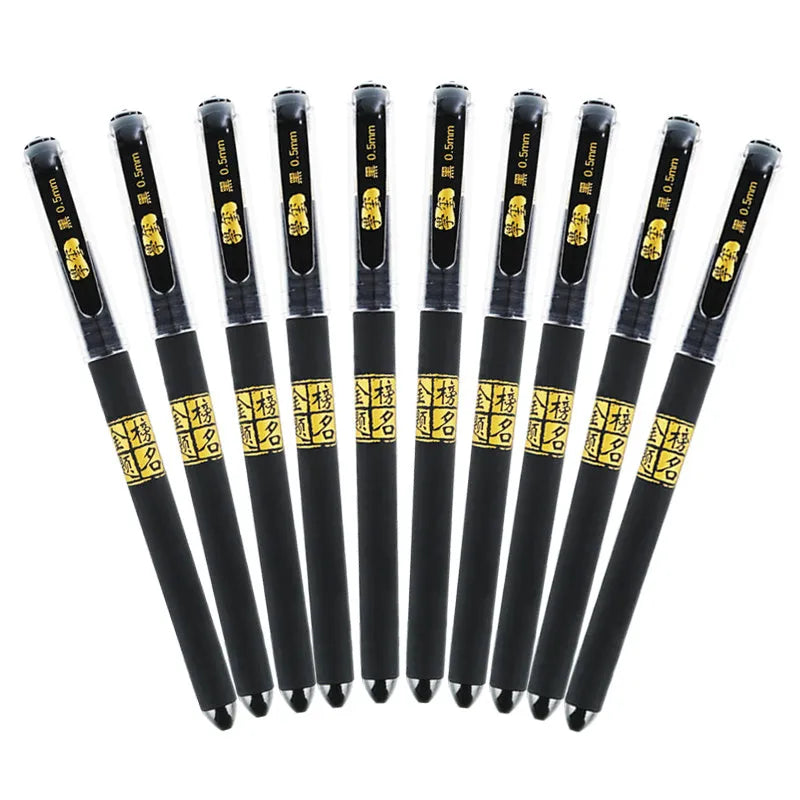Set of eight black gel pens with anti-fatigue grips, showing bullet and needle tip options.