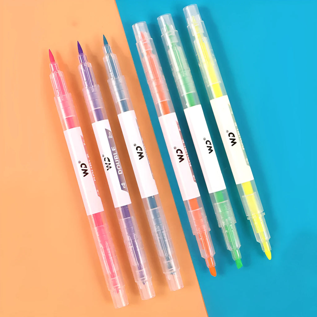 Set of six double-headed marker pens showing round and oblique tips, in assorted colours.