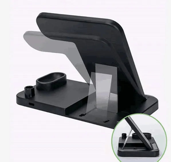 Black 4-in-1 wireless charging station with phone on adjustable stand, charging Apple Watch, AirPods, and Apple Pencil.