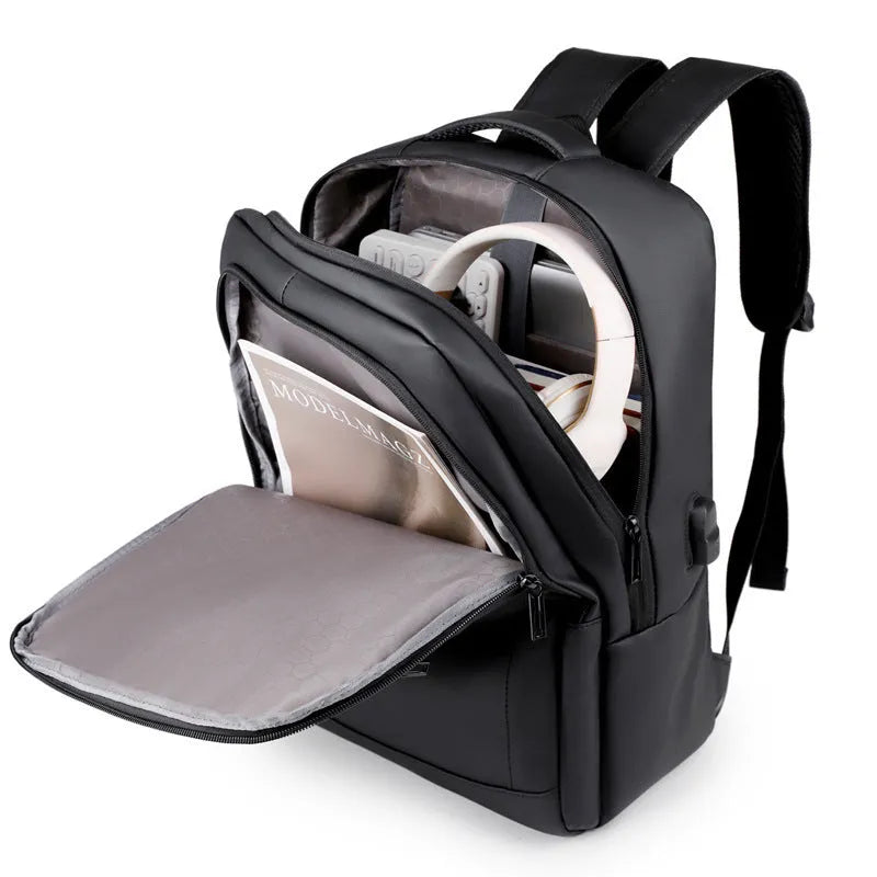 Waterproof USB business computer bag in black with air pillow belt and USB port, front view