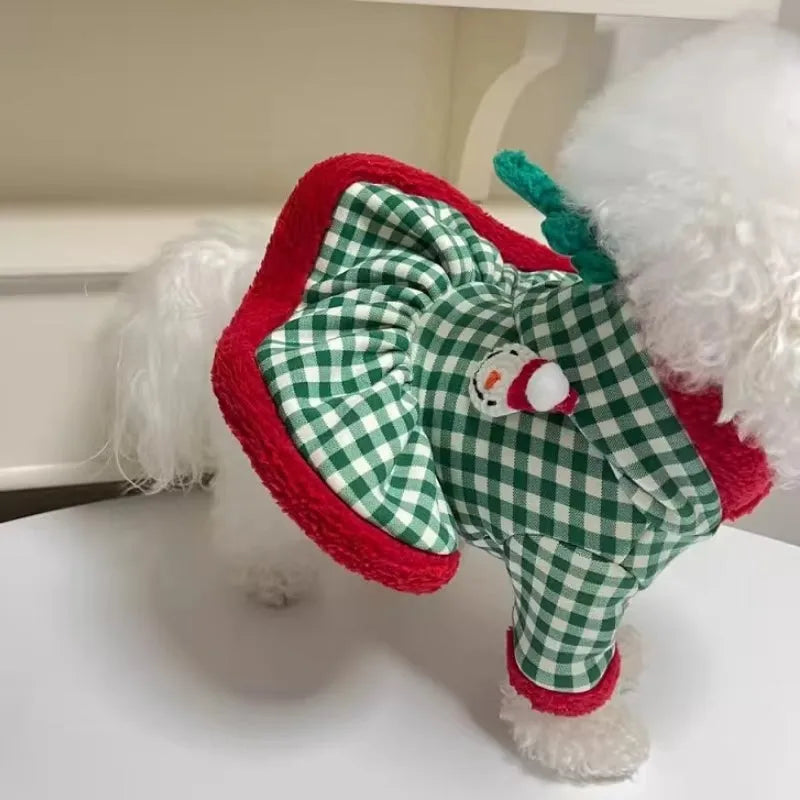 Plaid dog hoodie and Christmas pet princess dress in milk silk fabric, snowman pattern, sizes XS-XXL for small dogs and cats