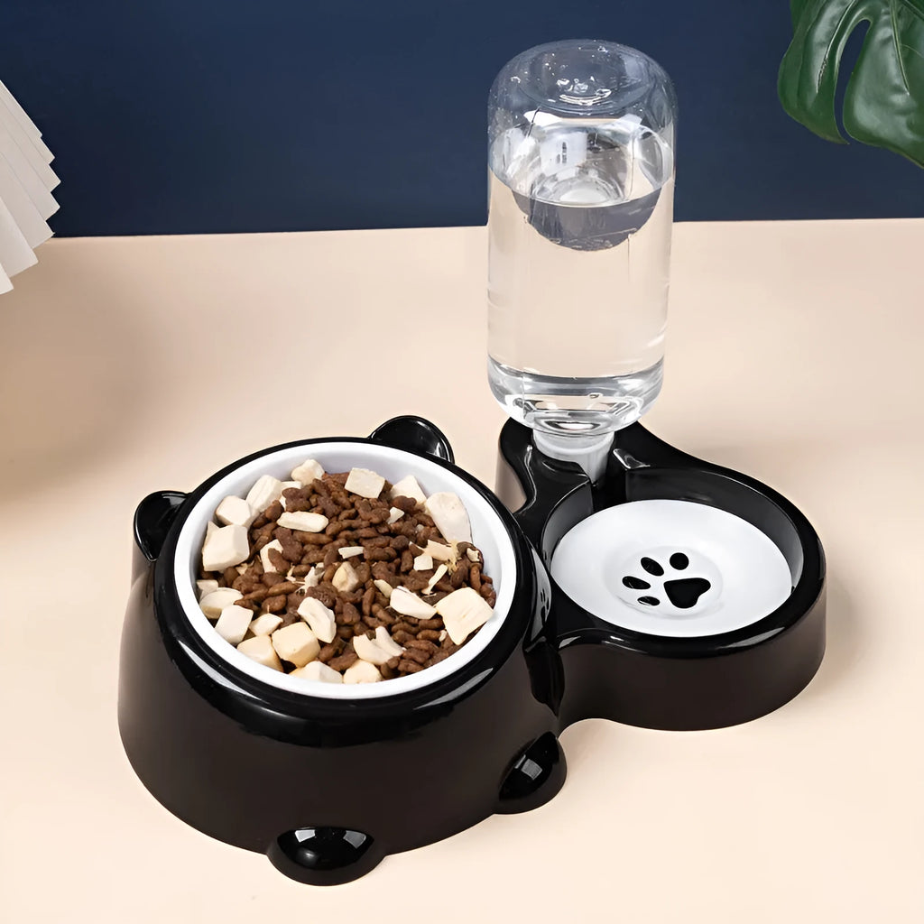 Pet 2-in-1 water and food dispenser for cats, bear ear slanted mouth design, plastic bowl, black colour