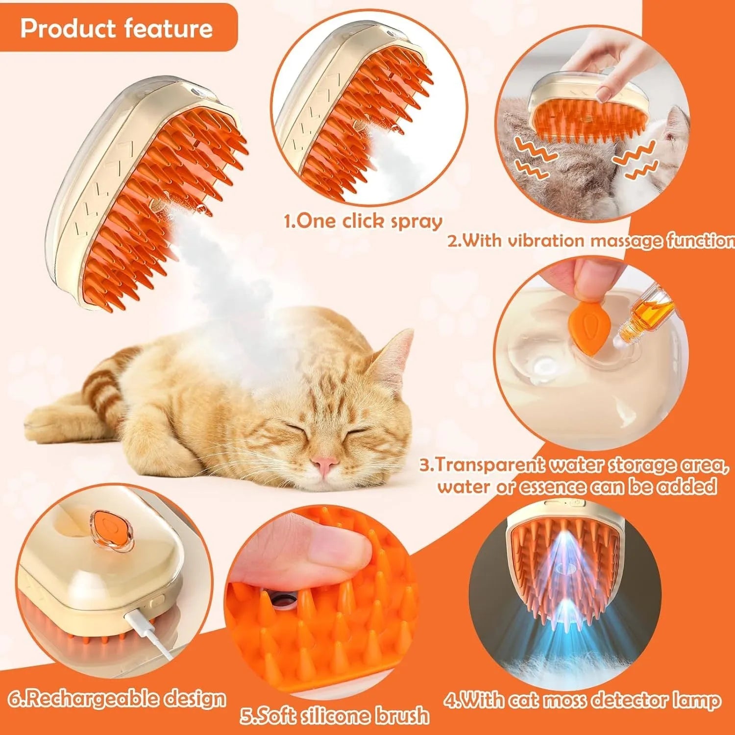 Yellow 4-in-1 cat steam brush with silicone bristles, water tank, and UV lamp for grooming and ringworm detection.