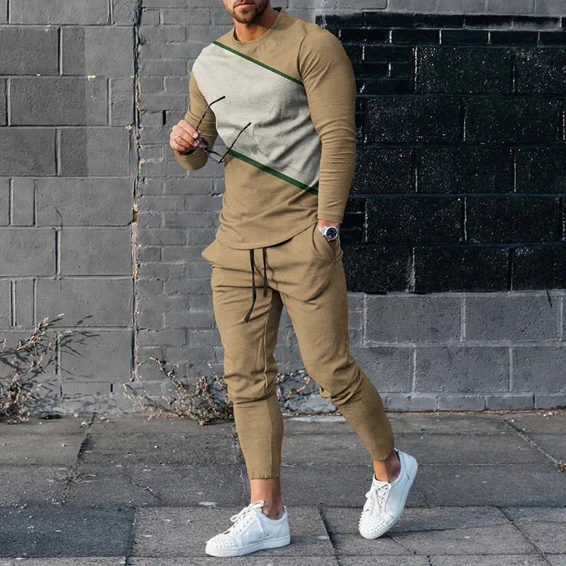 Men's round neck striped sweatshirt suit with long sleeve polyester top and trousers, available in sizes S to 6XL.