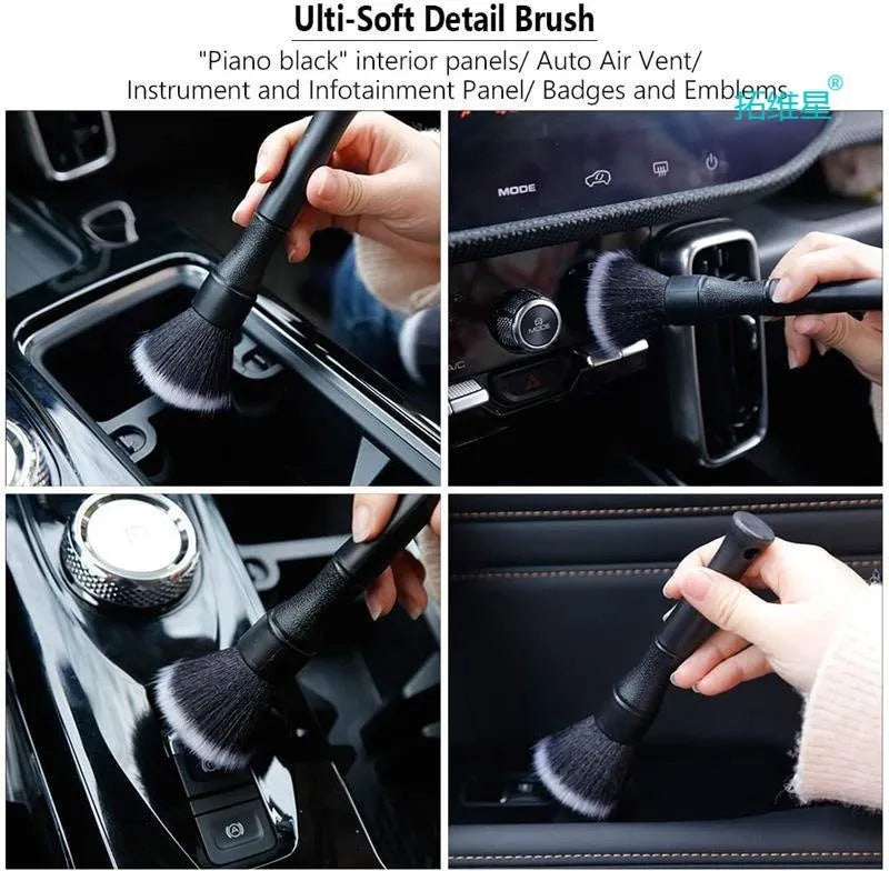 Black car detailing brush with super soft pig hair bristles and PP plastic handle.