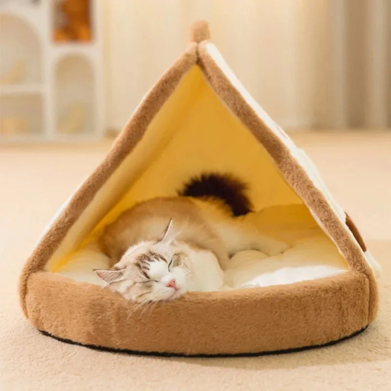 Green winter cat tent with blanket inside showing deep cave design for pet sleeping