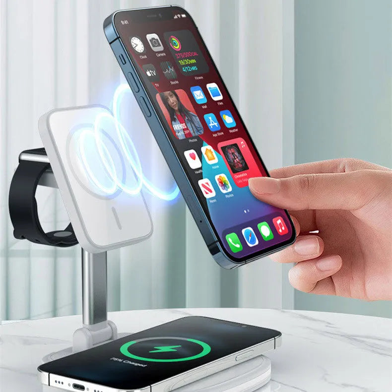 Three-in-one wireless charger foldable magnetic stand in black or white ABS