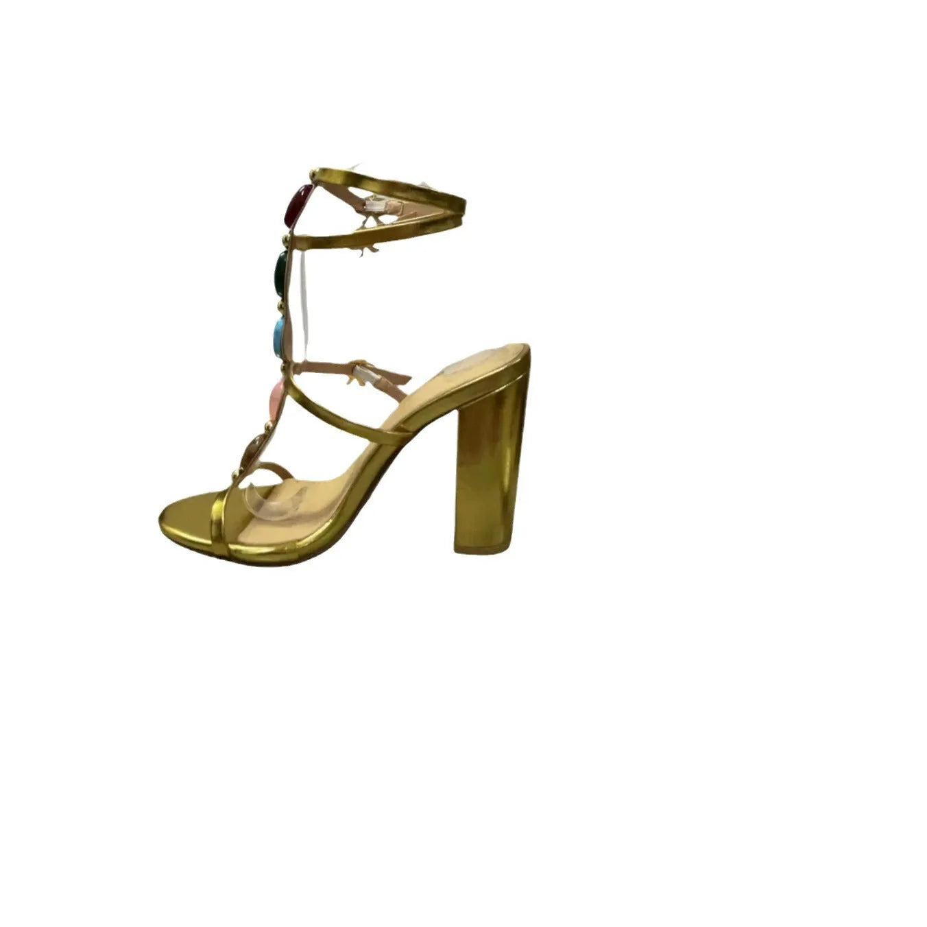 Gold women's open toe Roman sandals with chunky high heels and gem detailing