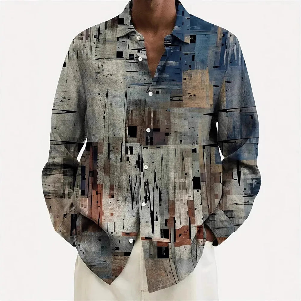 Men's Hawaiian style long sleeve shirt with floral pattern, loose cardigan fit