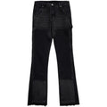 Women's micro flared patchwork raw edge jeans in black denim with loose straight tube fit, front view