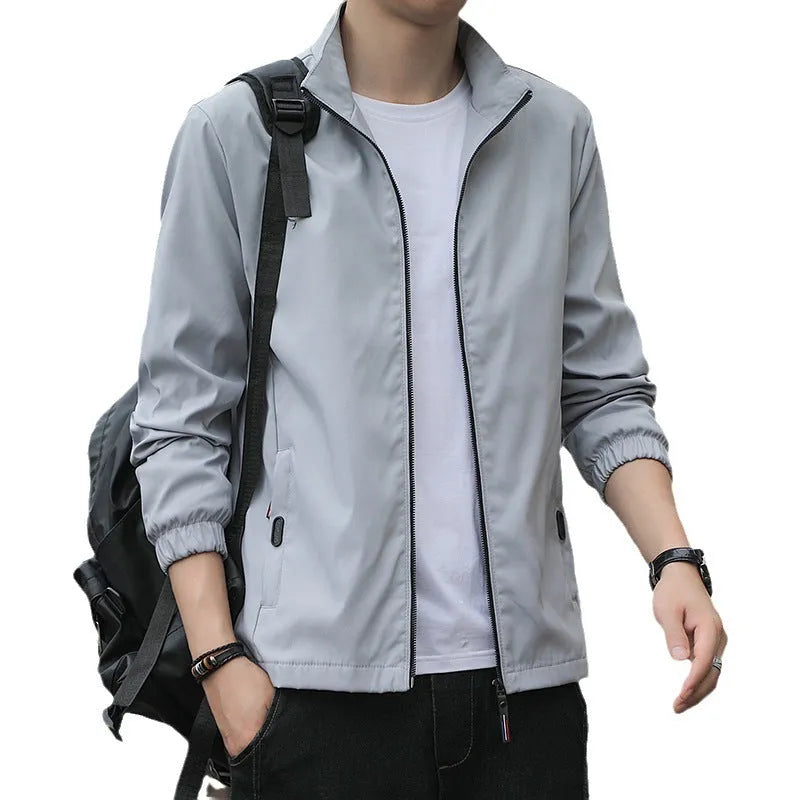 Korean style loose fit lapel jacket in blue, shown on a model