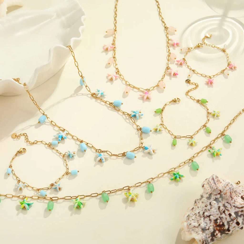 Stainless steel starfish necklace and bracelet set with electroplated 18K finish in blue, green, or pink