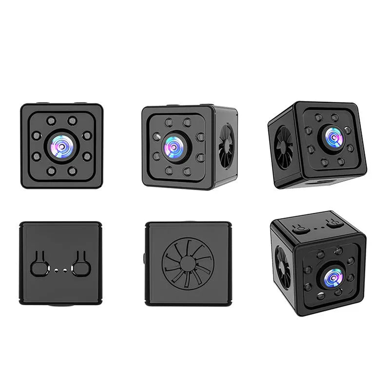 Black cubic network security camera with sports tracking function mounted on included bracket