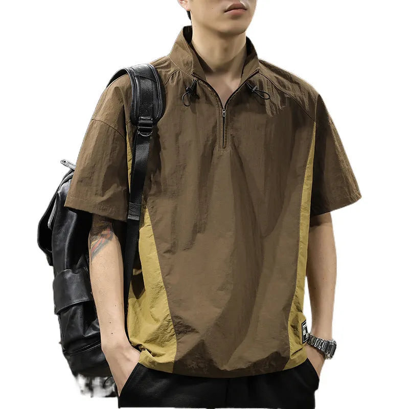 Brown men's Ice Silk half-zip shirt with stand collar and short sleeves laid flat
