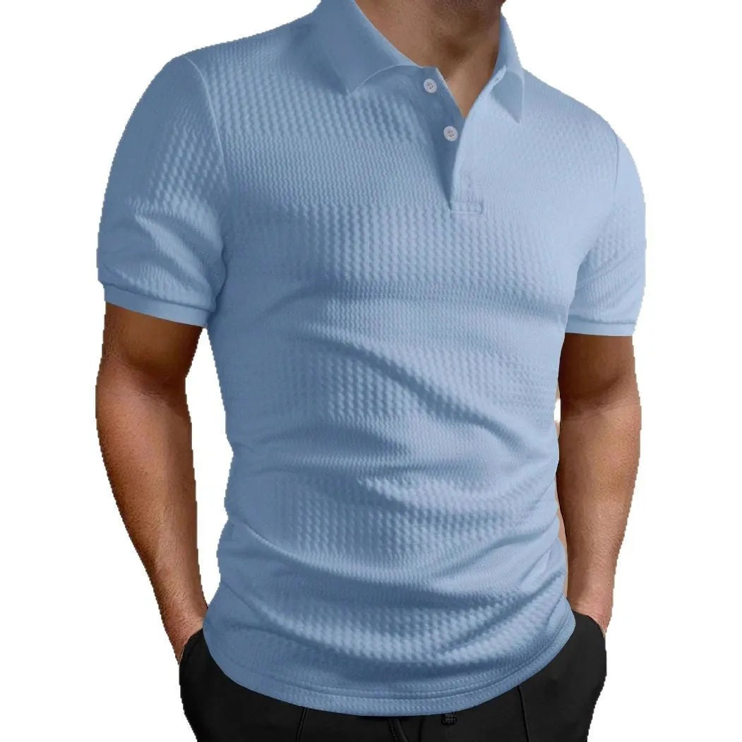 Man wearing a striped loose-fit polo shirt with an asymmetric design in light blue.