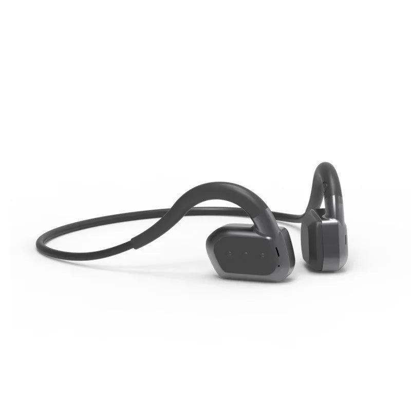 Bone conduction swimming Bluetooth headset in black or gray, ear-mounted plastic design, waterproof wireless audio