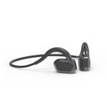 Bone conduction swimming Bluetooth headset in black or gray, ear-mounted plastic design, waterproof wireless audio