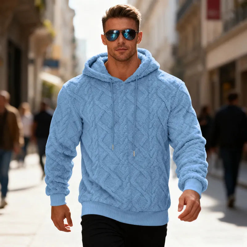 Loose pullover sweatshirt in double-sided velvet with fleece lining, shown in black, light grey, light blue, apricot and brown, sizes S to XXXL