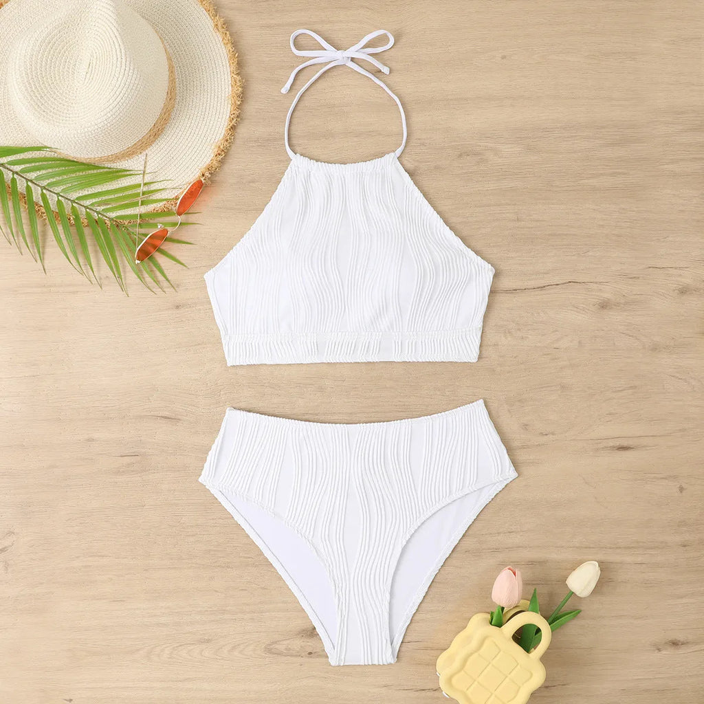 Women's high waist apron conservative one-piece swimsuit in solid colour