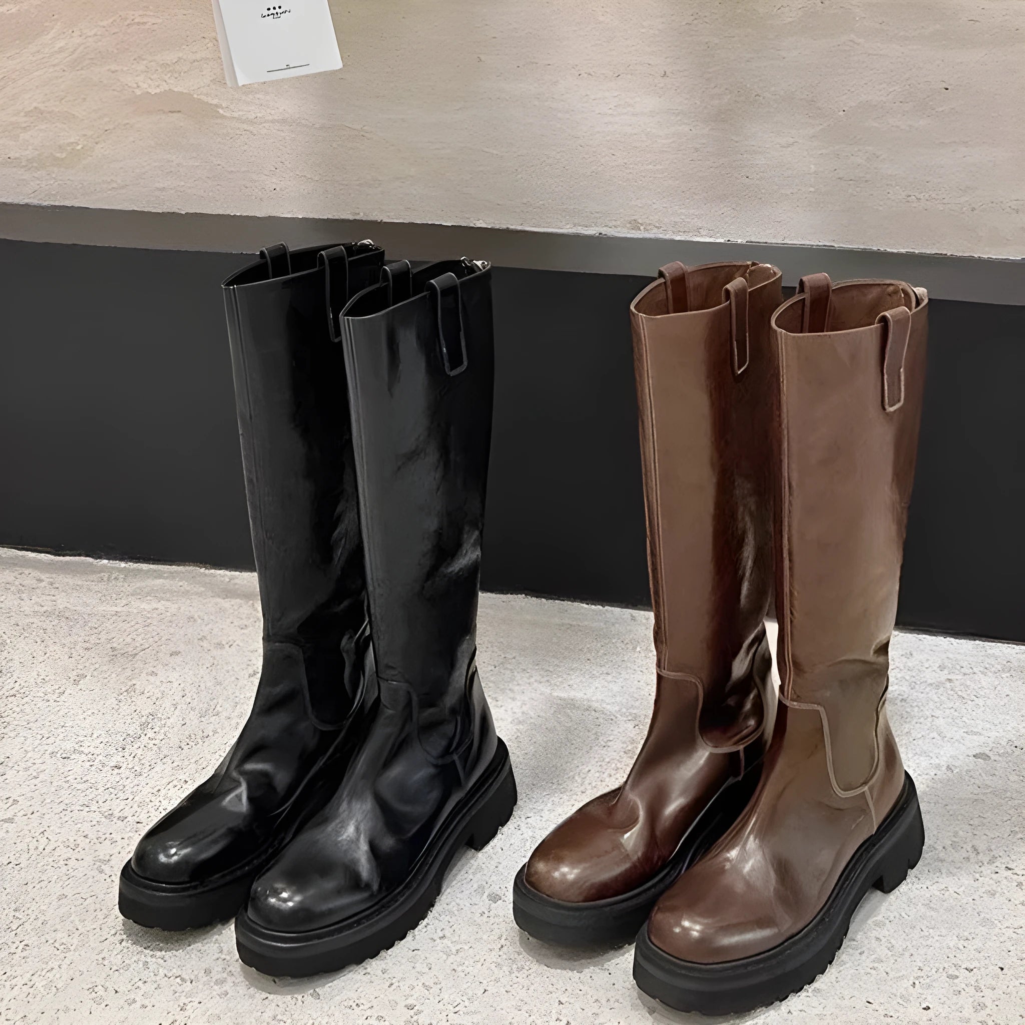 Black round toe knight boots with chunky heel, high tube design, and a back zipper.