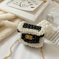 Children's diamond lattice chain crossbody bag in black with cotton cloth exterior, Velcro closure, and 110cm shoulder strap