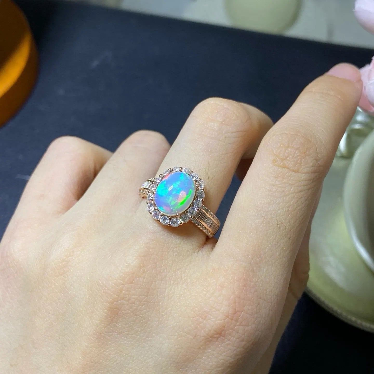 Handmade adjustable sterling silver ring with natural Ethiopian opal stone in gold plating options