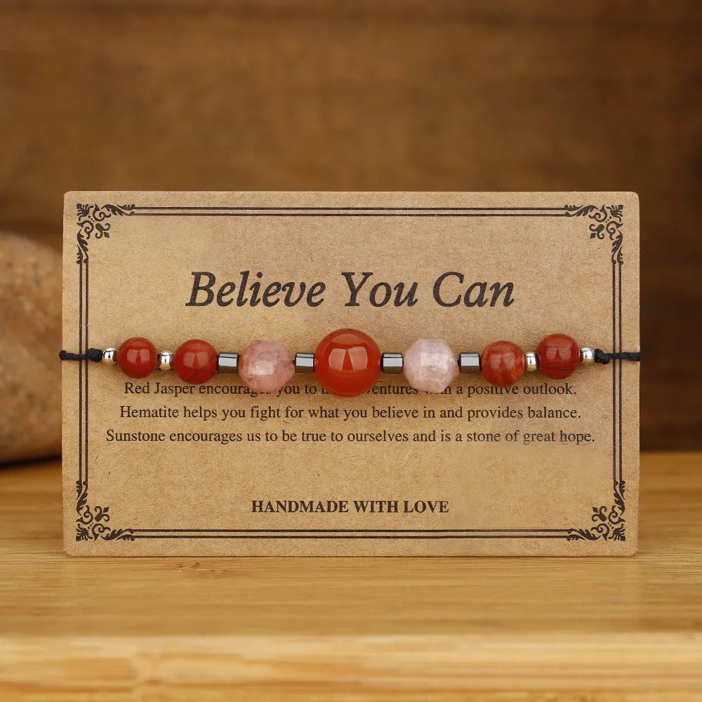 Geometric red crystal bracelet with sunstone, redstone and copper beads handcrafted design