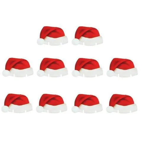 Set of 10 red non-woven fabric Santa hat decorations for wine glasses on a party table