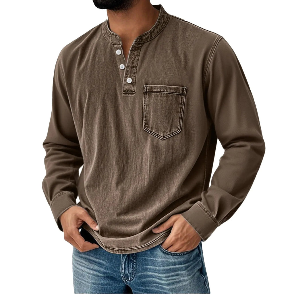 Printed three-button long-sleeve T-shirt for young men, slim fit, polyester, digital print