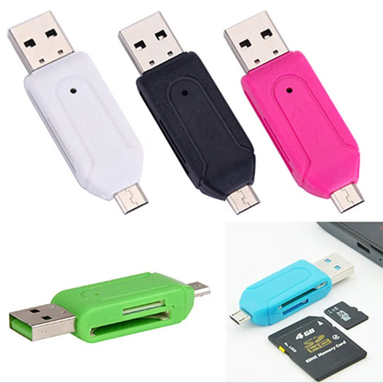 White USB OTG card reader with micro USB connector for Android phones and computers