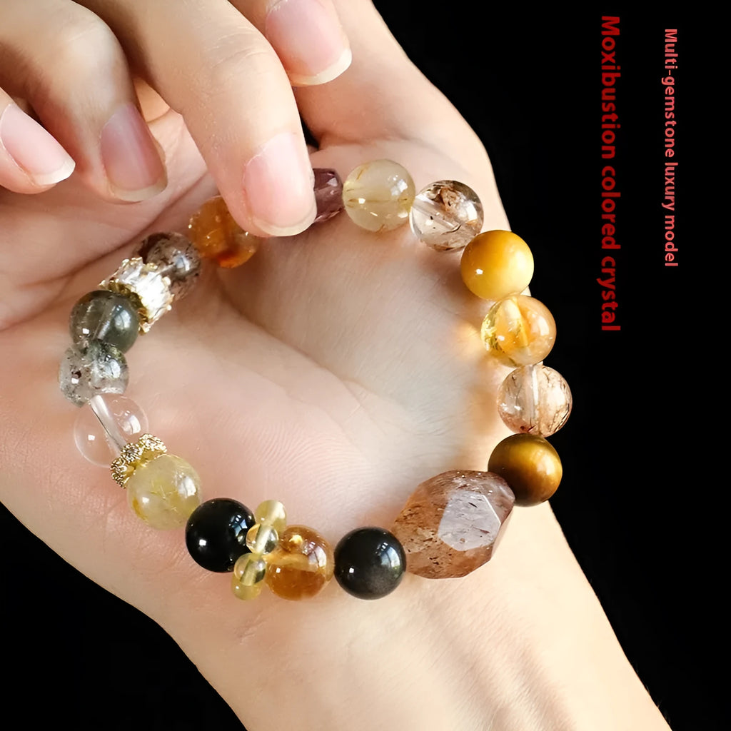 Natural crystal string bracelet with hand-beaded Duobao designs including black gold Super Seven style for women
