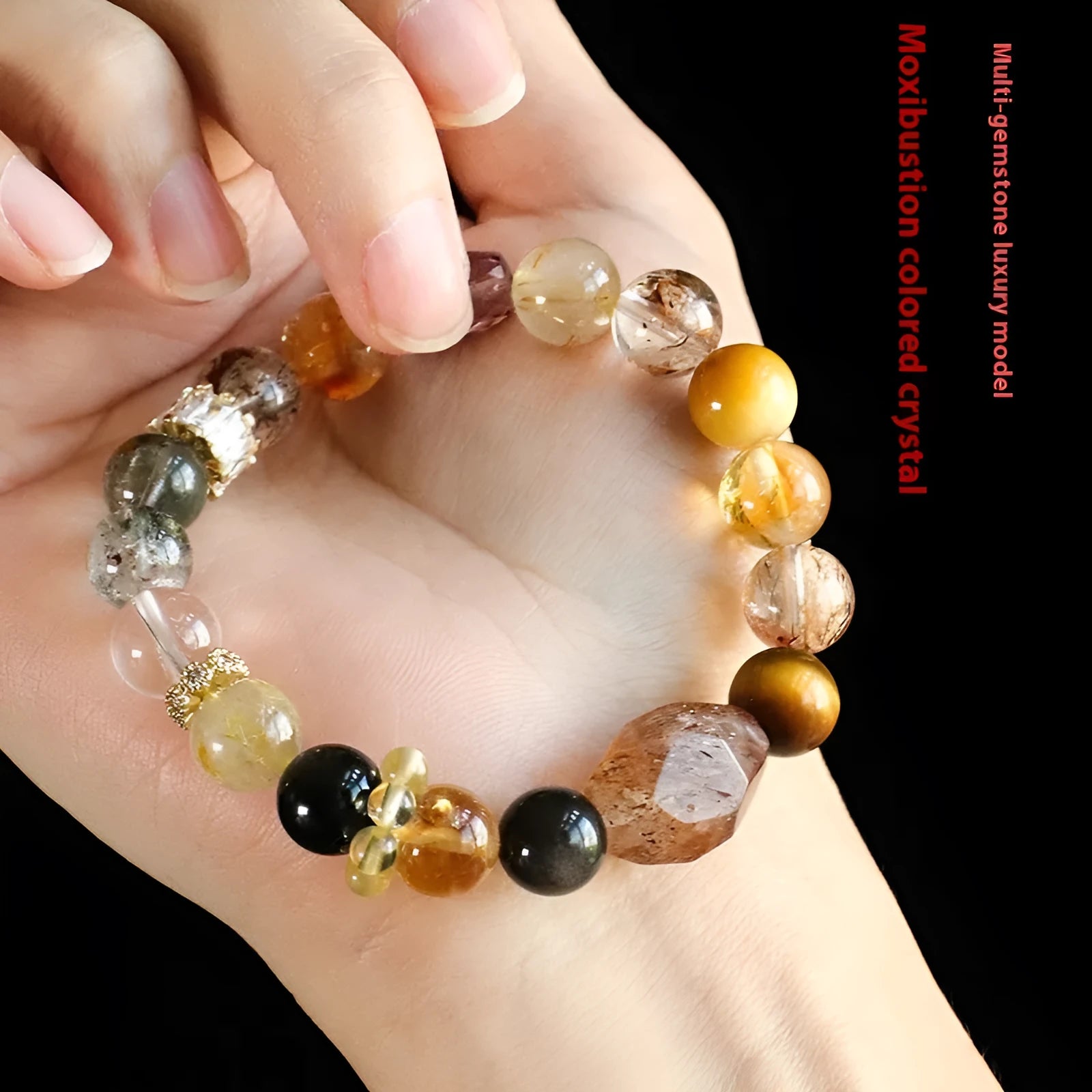 Natural crystal string bracelet with hand-beaded Duobao designs including black gold Super Seven style for women