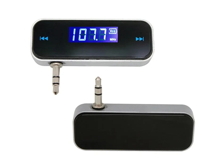 Black car FM transmitter with 3.5mm AUX plug, LCD display, 200 frequencies and 120mAh rechargeable battery