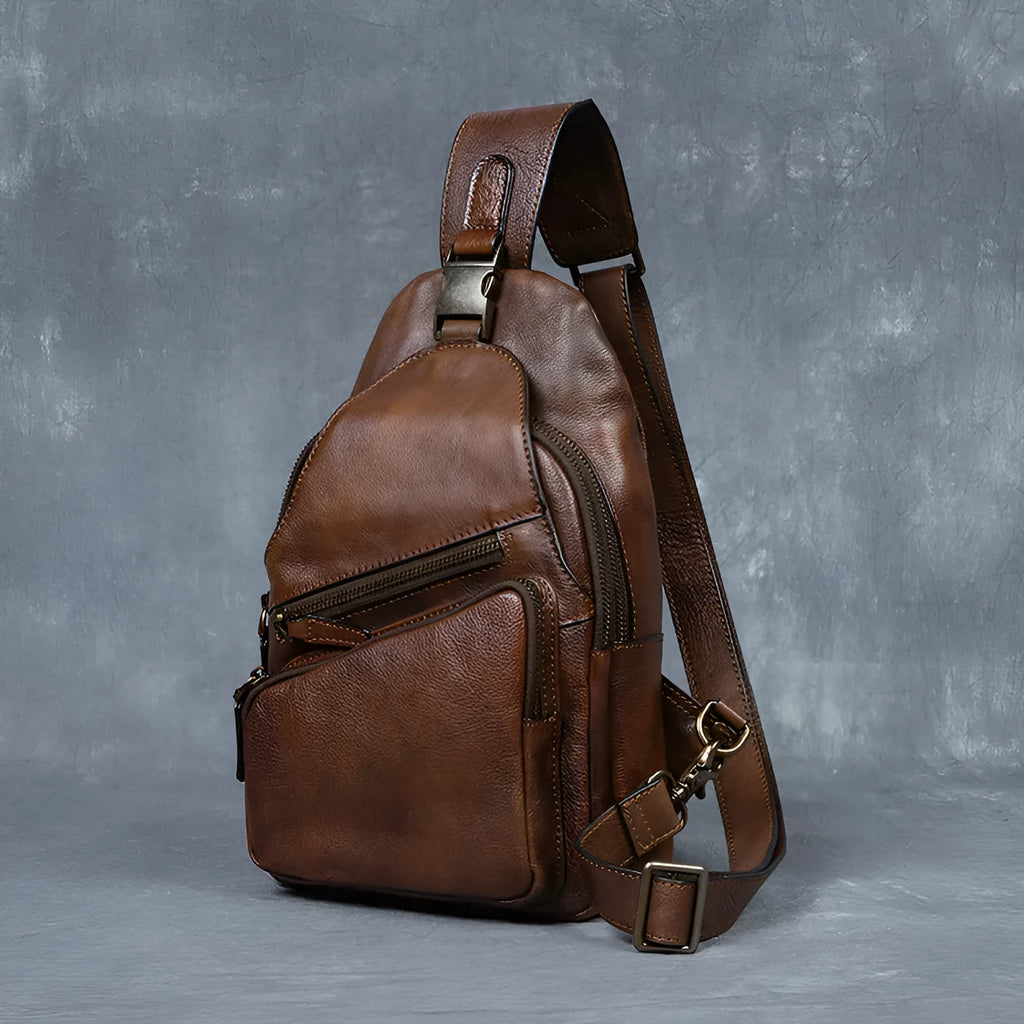 Men's genuine leather retro hand-rubbed crossbody messenger bag 8 inch large capacity black colour