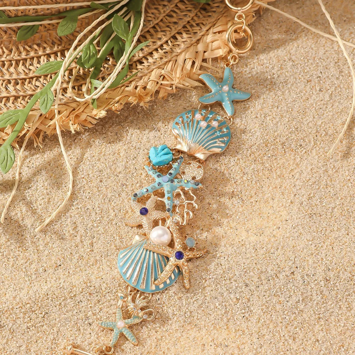 Alloy marine shell boat anchor rhinestone bracelet with starfish design in turquoise colour