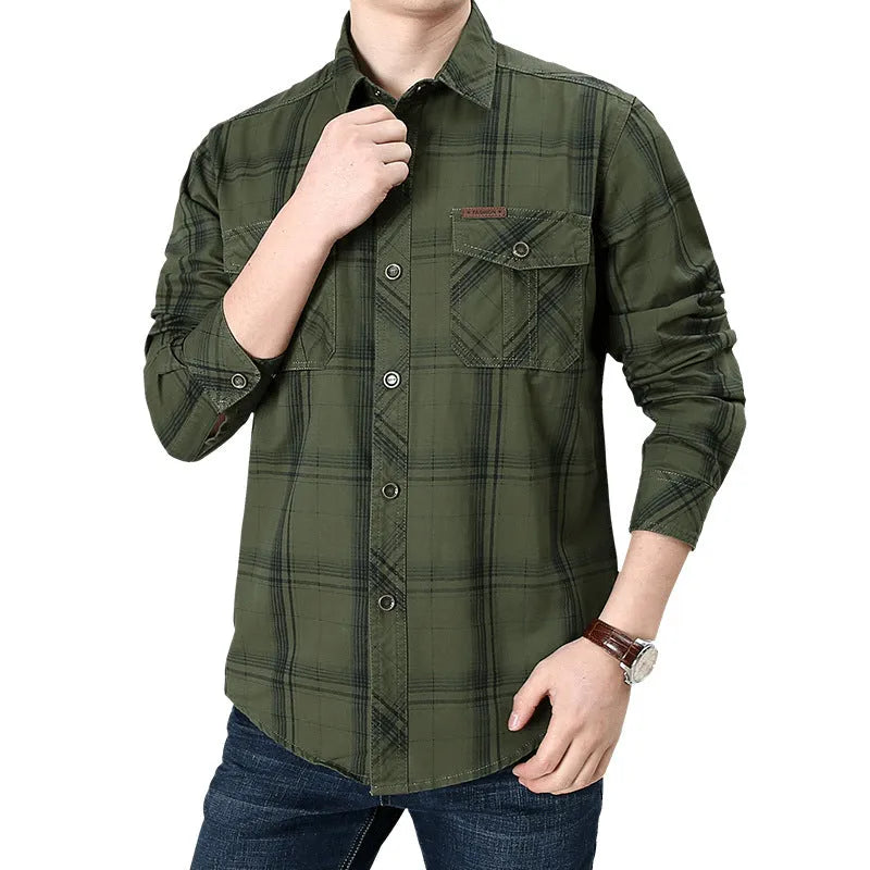 Men's plus size loose cargo cotton shirt in khaki, sapphire blue or army green, sizes M to 5XL, half sleeve.