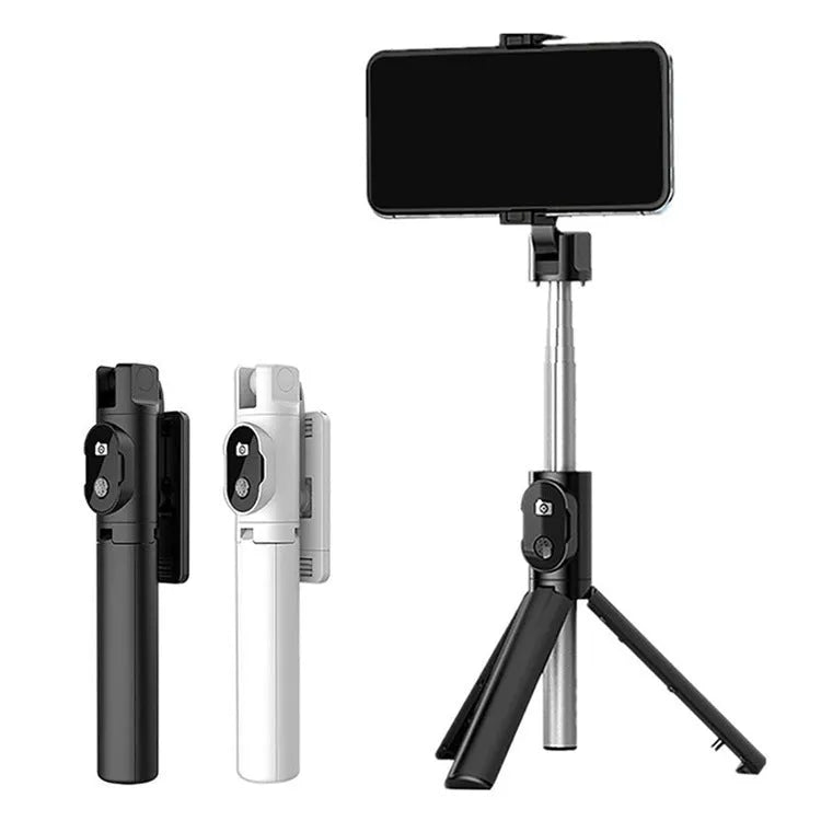 Black Bluetooth selfie stick with tripod legs extended and double fill light, compatible with iPhone